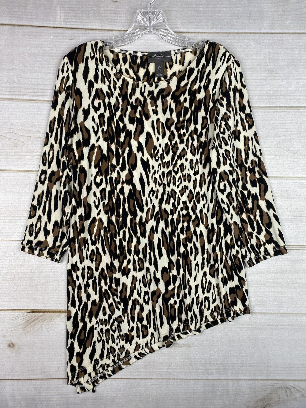 Chico's Travelers Top Sz 0 Womens S Animal Print Tunic Top Asymmetrical Slinky